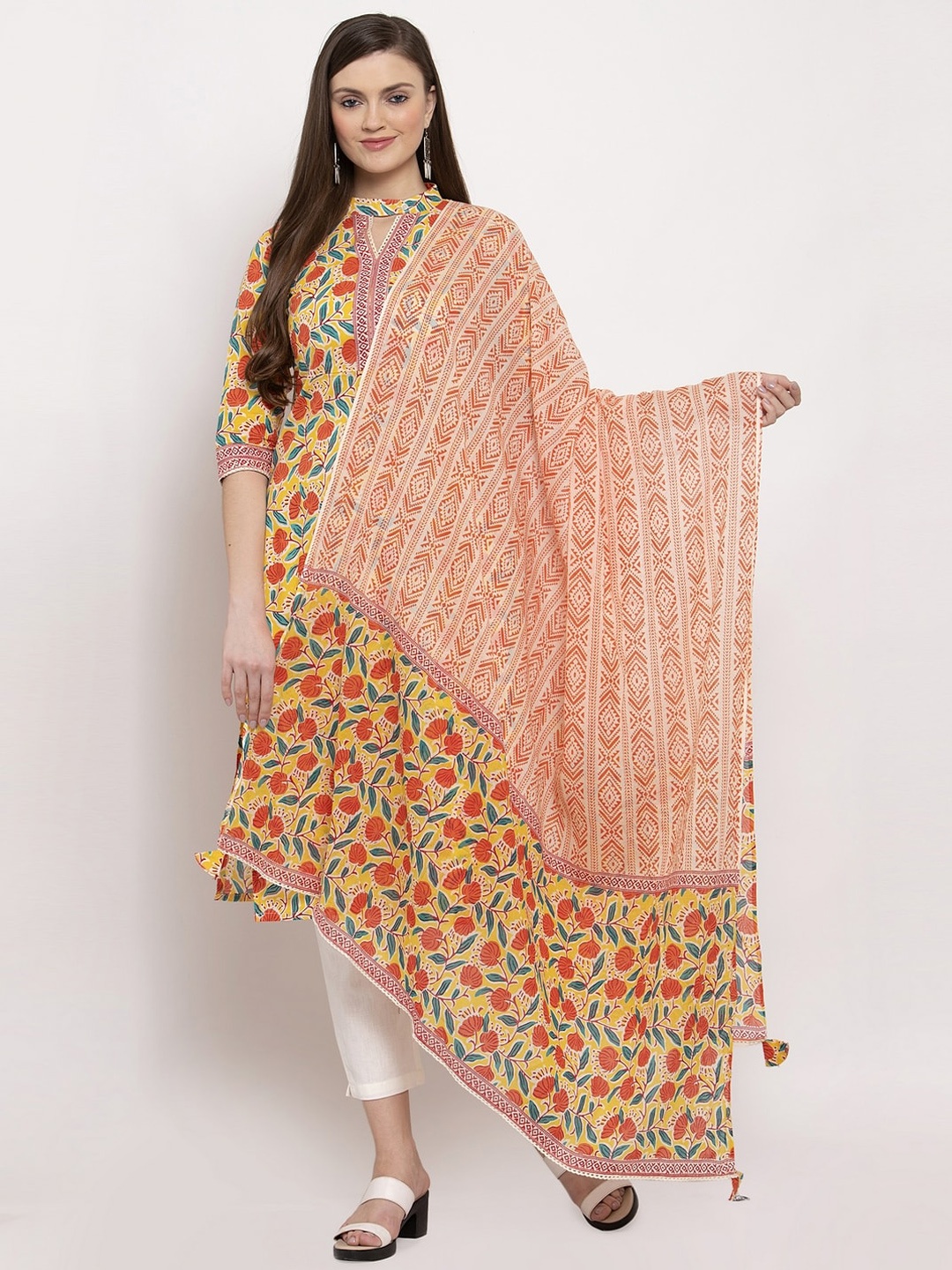 

Indibelle Women Yellow & White Printed Kurta with Trousers & Dupatta