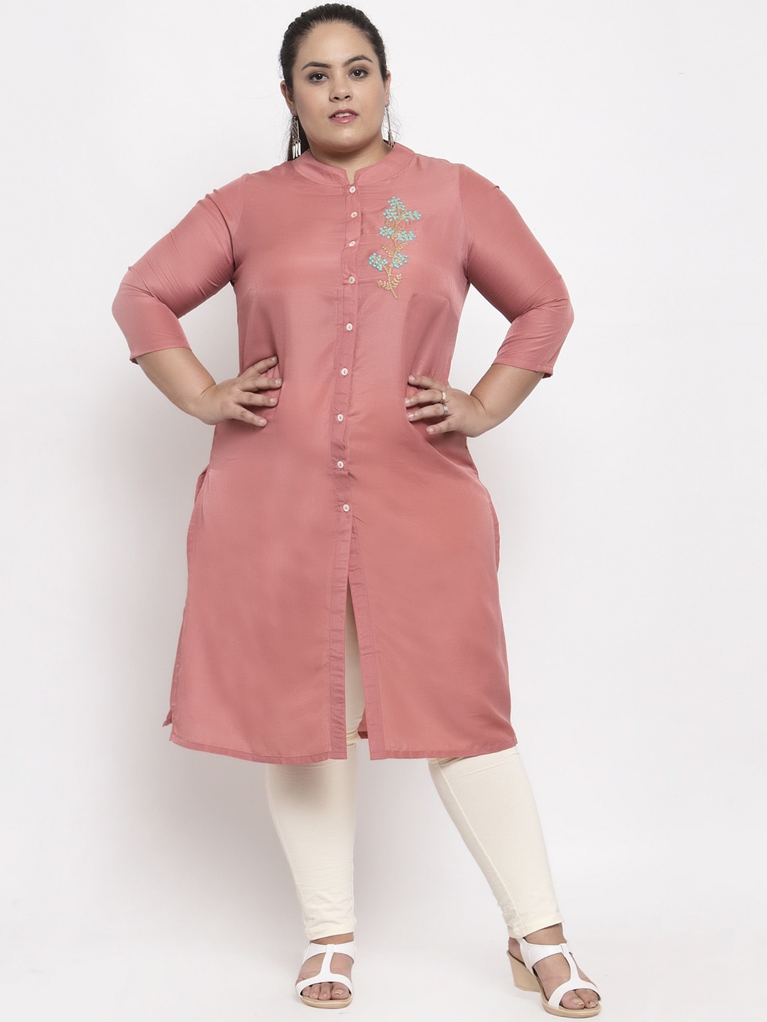 plusS Women Pink Embroidered Straight Kurta