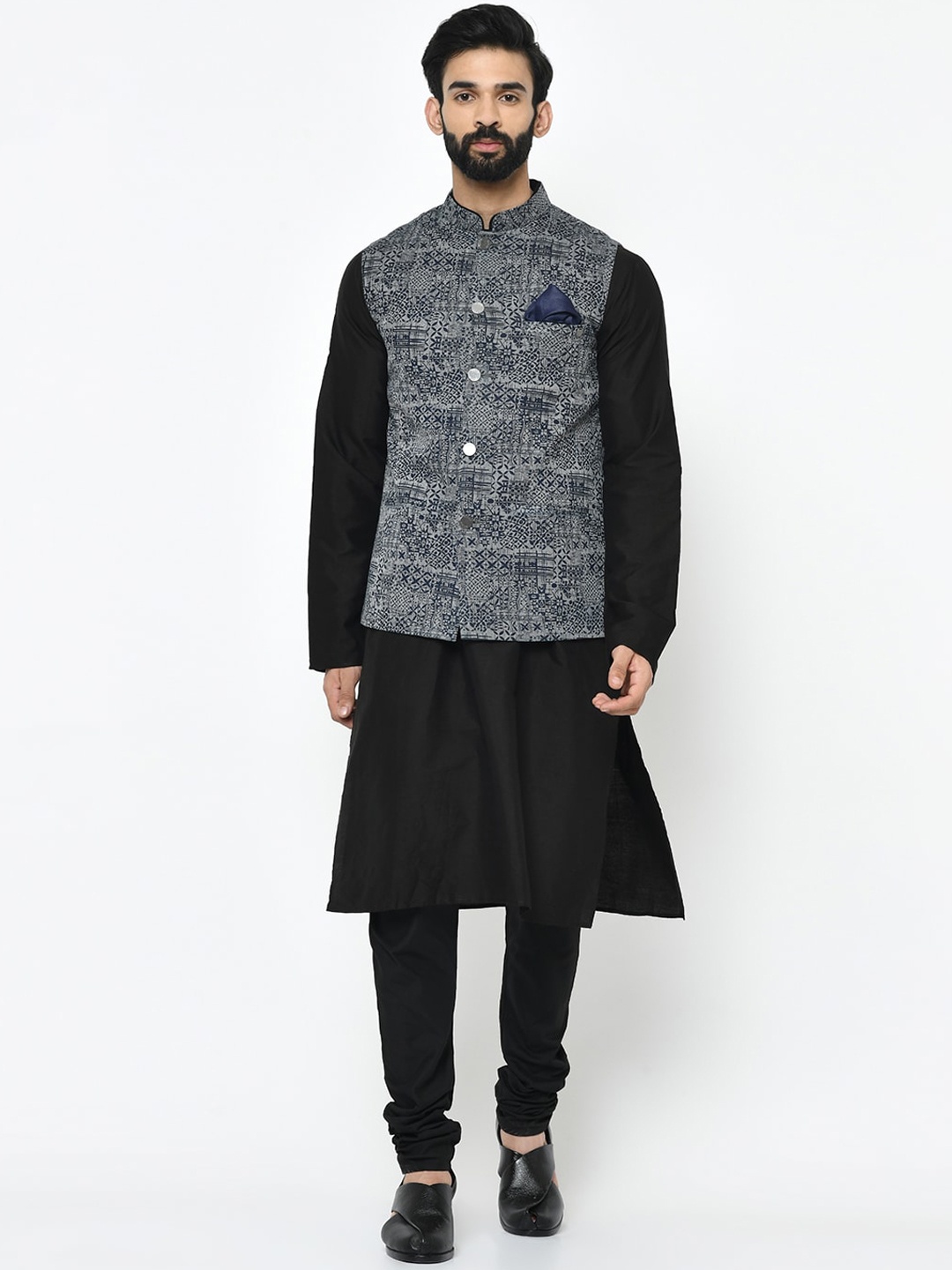 

KISAH Men Navy Blue & Grey Solid Kurta with Pyjamas