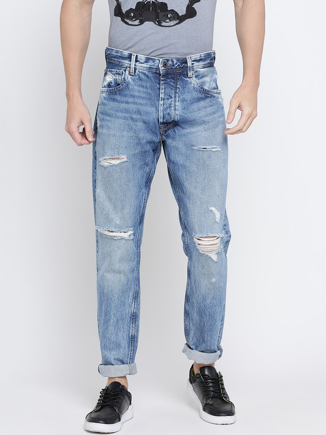 

Pepe Jeans Men Blue Tapered Fit Mid-Rise Highly Distressed Jeans