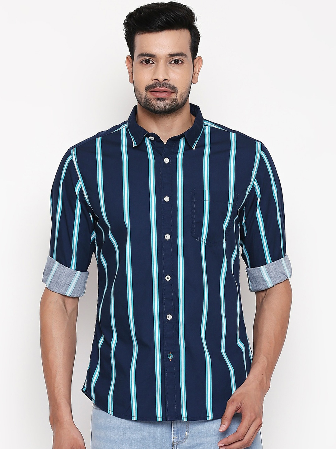 

Urban Ranger by pantaloons Men Navy Blue Slim Fit Striped Casual Shirt