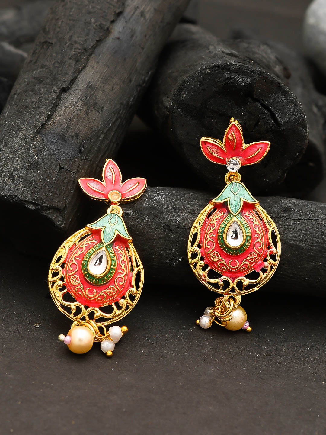 

Silvermerc Designs Orange & Green Gold-Plated Floral Kundan Enamelled Drop Earrings