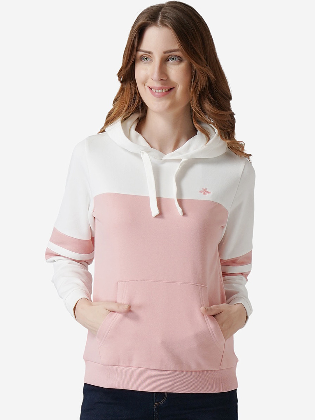 

Mode by Red Tape Women Pink & White Colourblocked Hooded Sweatshirt