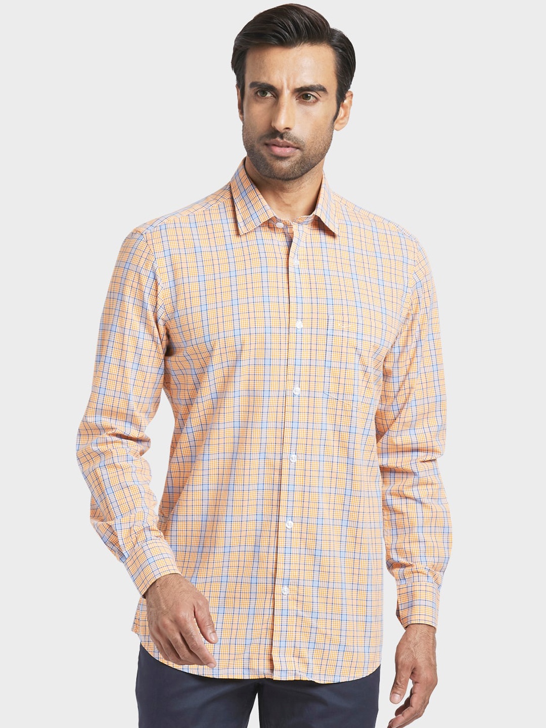 

ColorPlus Men Orange & Blue Regular Fit Checked Casual Shirt