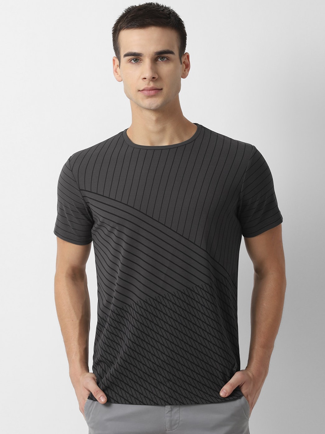 

Louis Philippe Sport Men Grey Striped Round Neck Pure Cotton T-shirt