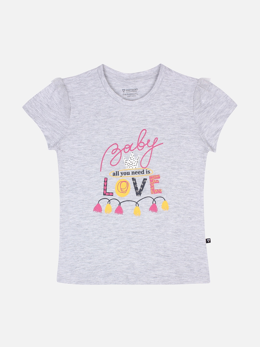 

PROTEENS Girls Grey Melange & Pink Printed Round Neck T-shirt
