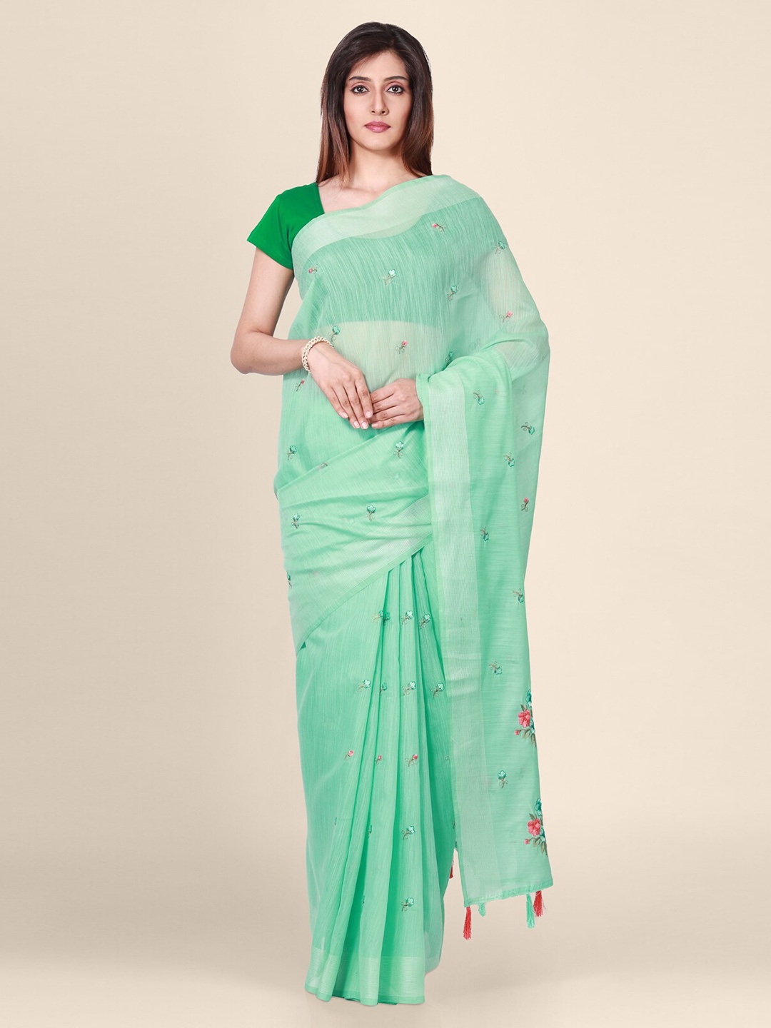

CLAI WORLD Green & Pink Tissue Embroidered Saree