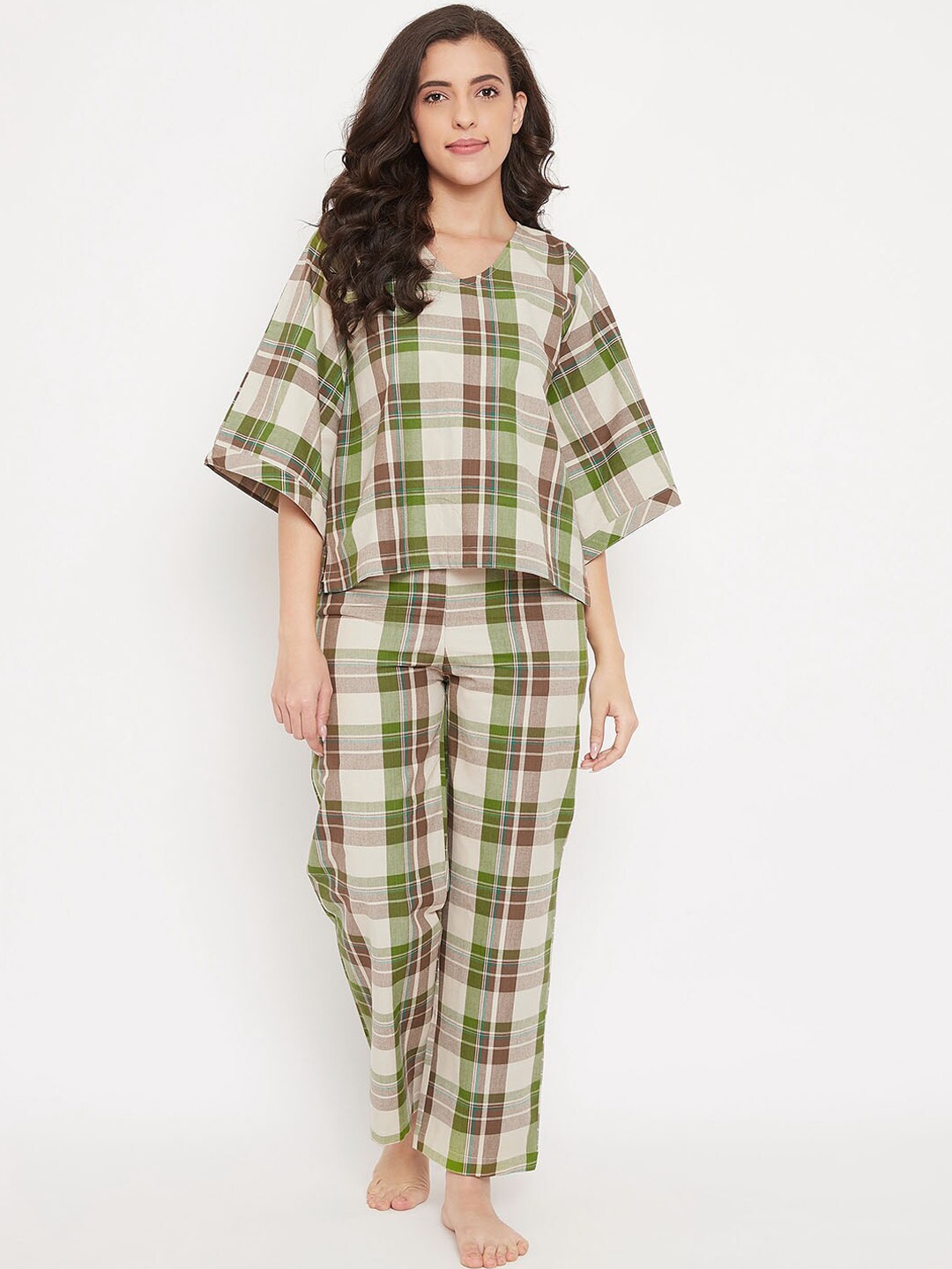 

The Kaftan Company Women Green & Brown Checked Night Suit