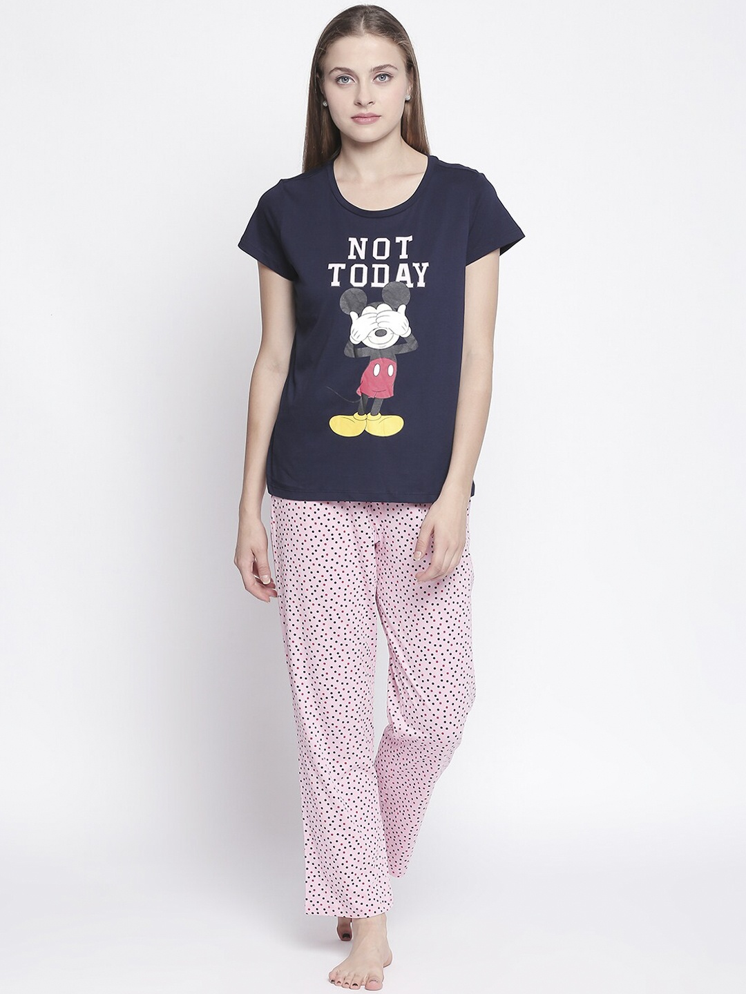 

Dreamz by Pantaloons Women Navy Blue & Pink Mickey Printed Night suit