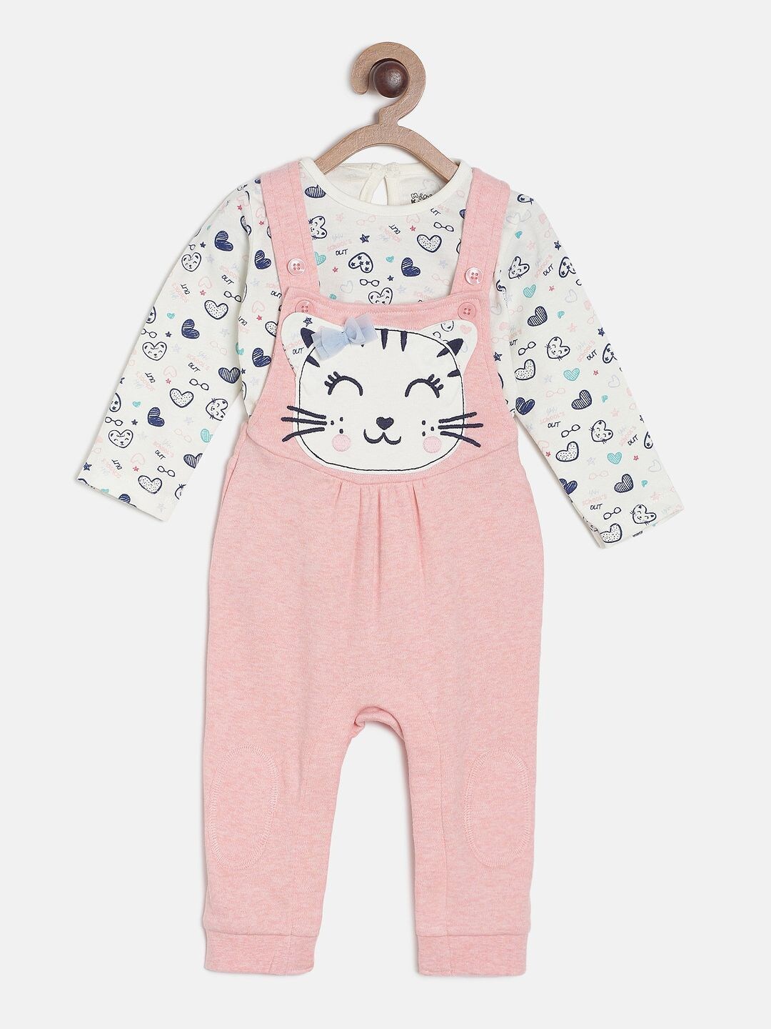 

MINI KLUB Girls Pink & Off-White Printed T-shirt with Dungarees