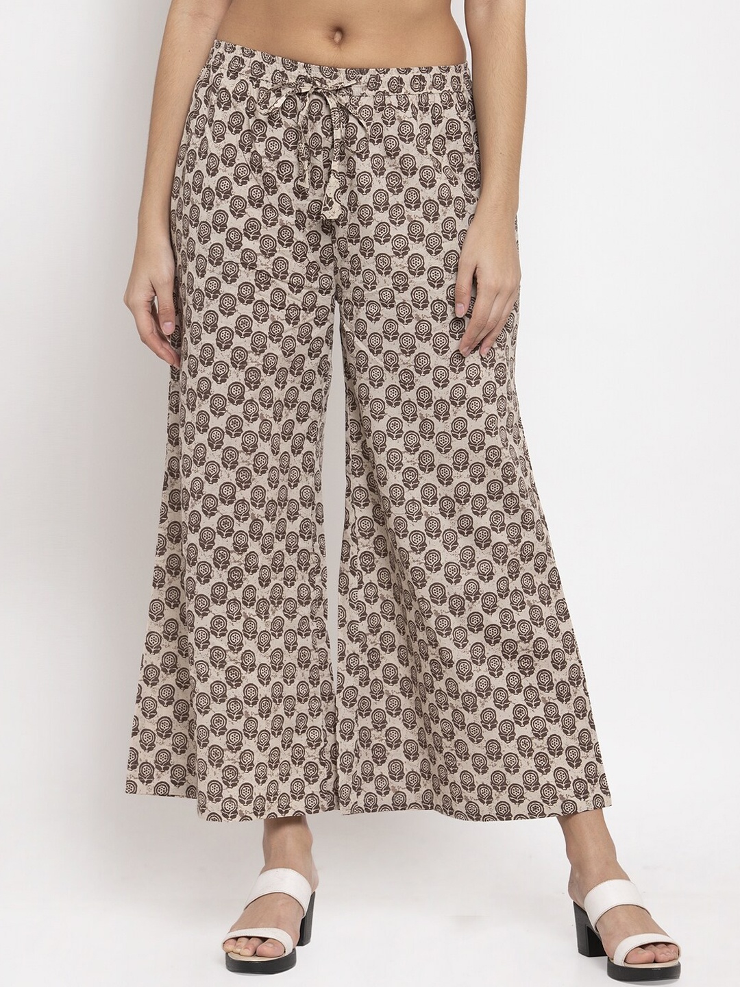 

SOUNDARYA Women Cream & Brown Printed Flared Palazzos