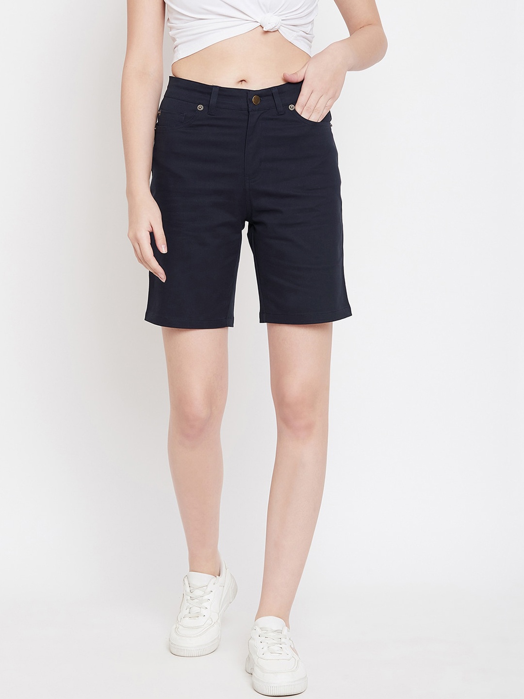 Hypernation Women Navy Blue Solid Slim Fit Regular Shorts