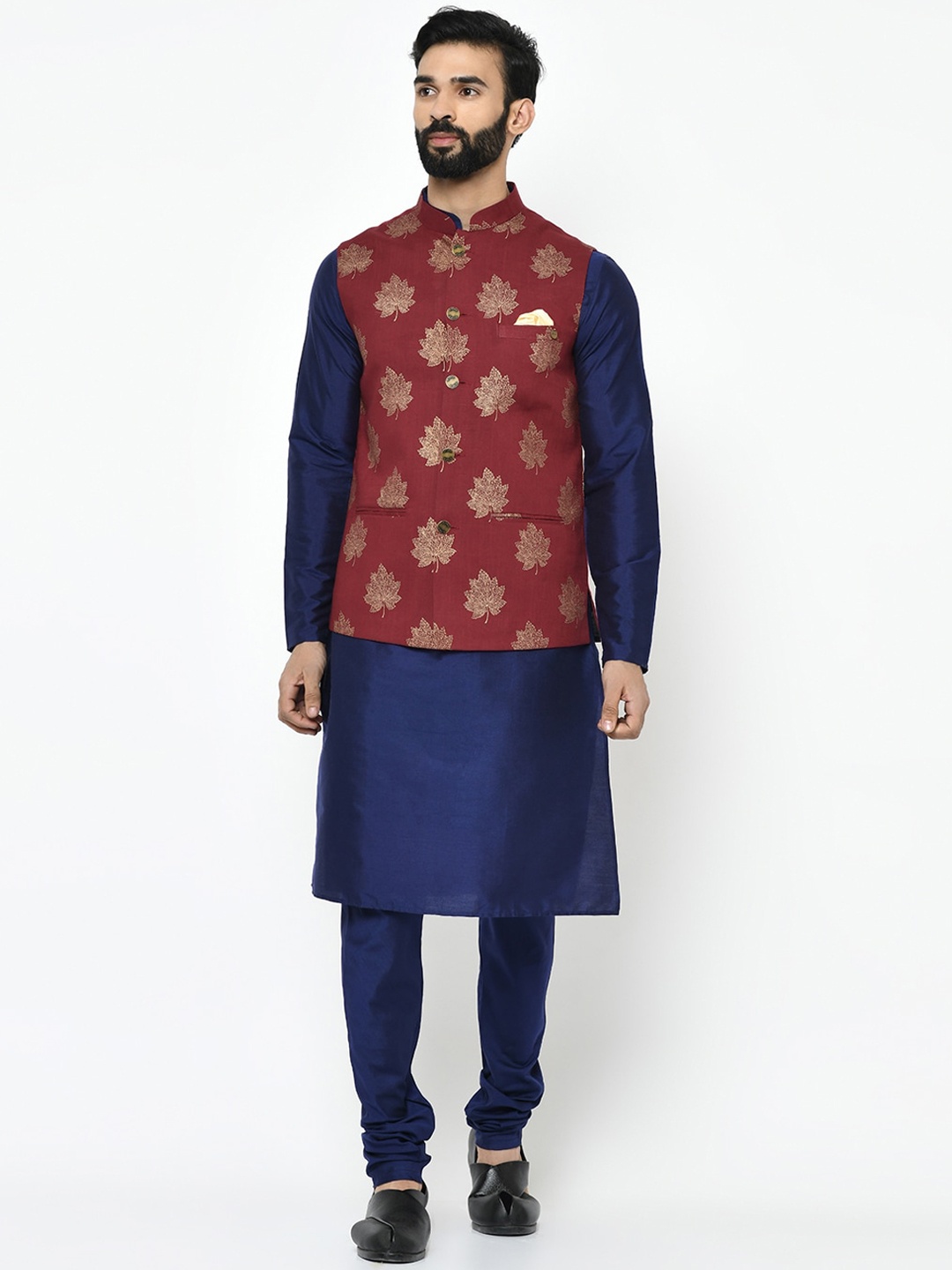

KISAH Men Navy Blue Solid Kurta with Churidar & Nehru Jacket