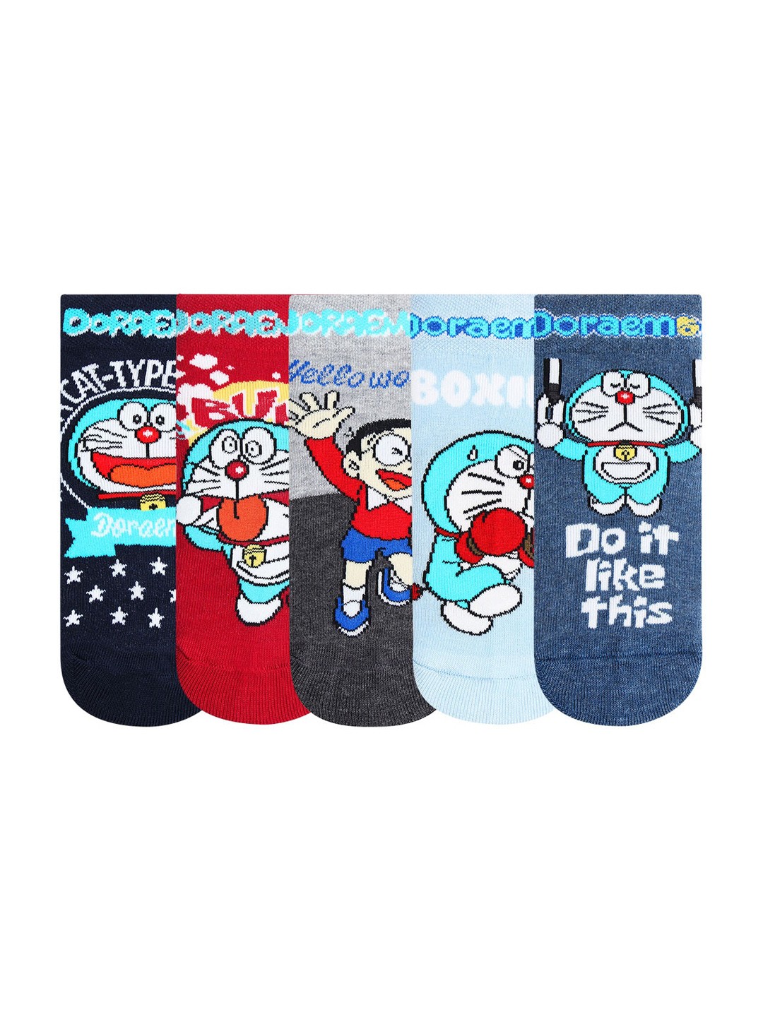 

Bonjour Unisex Kids Multi Coloured Pack of 5 Doraemon Patterned Ankle Length Socks