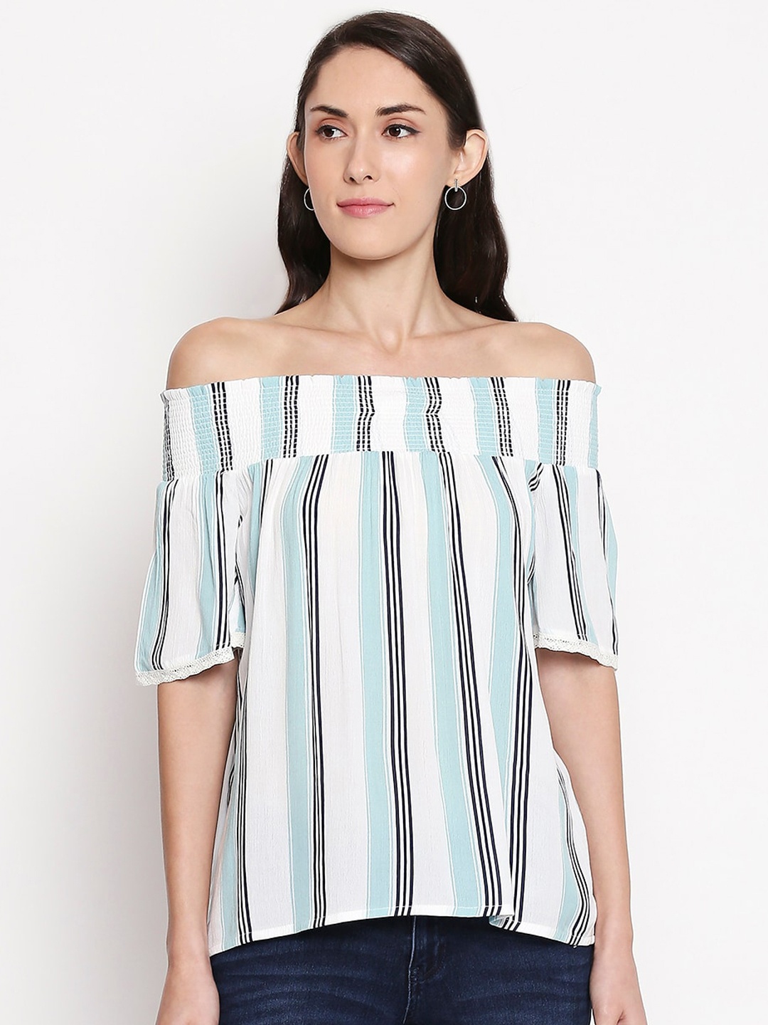 

Honey by Pantaloons Women Green Striped Bardot Top