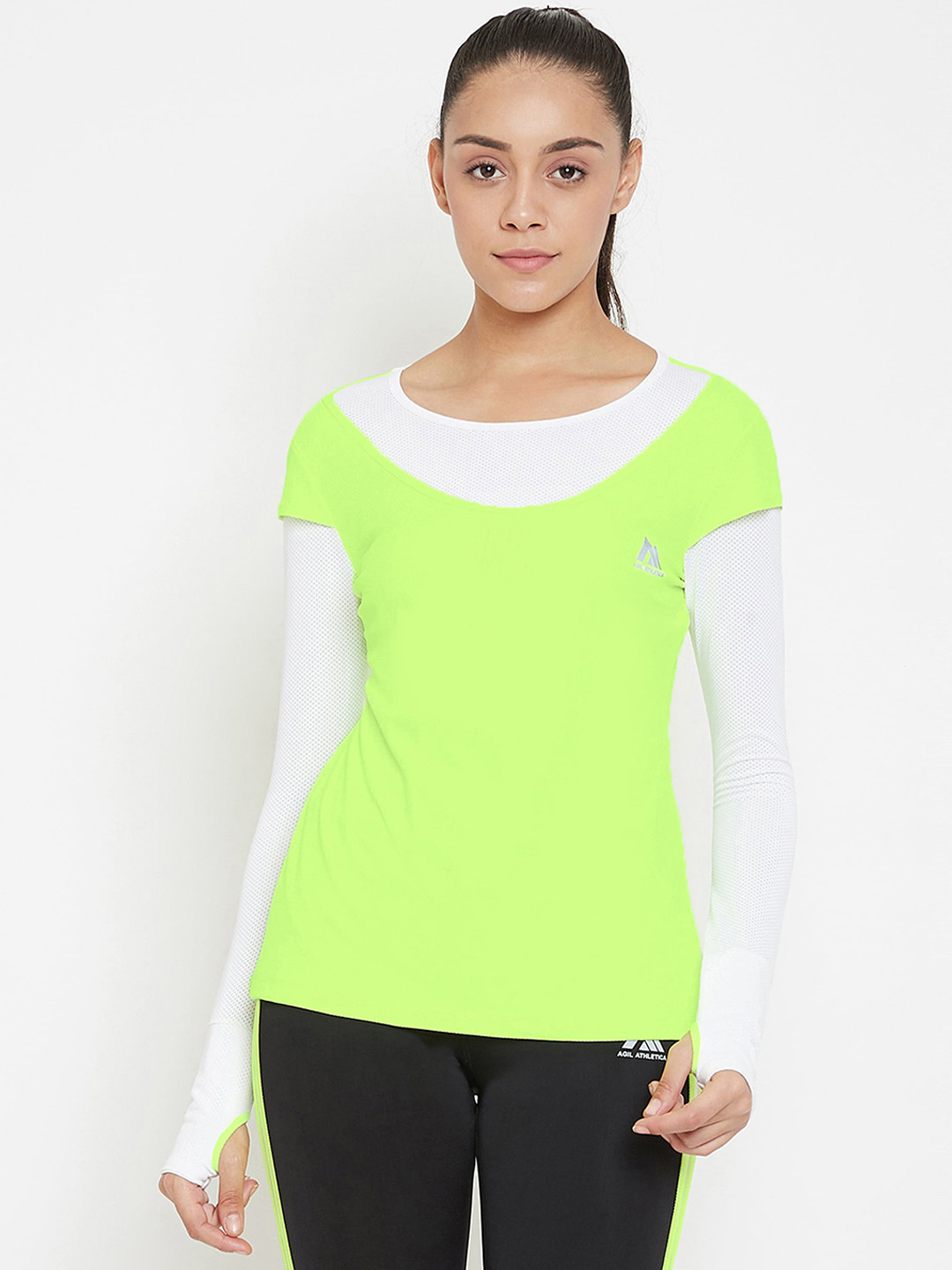 

AGIL ATHLETICA Women Fluorescent Green Solid Scoop Neck T-shirt