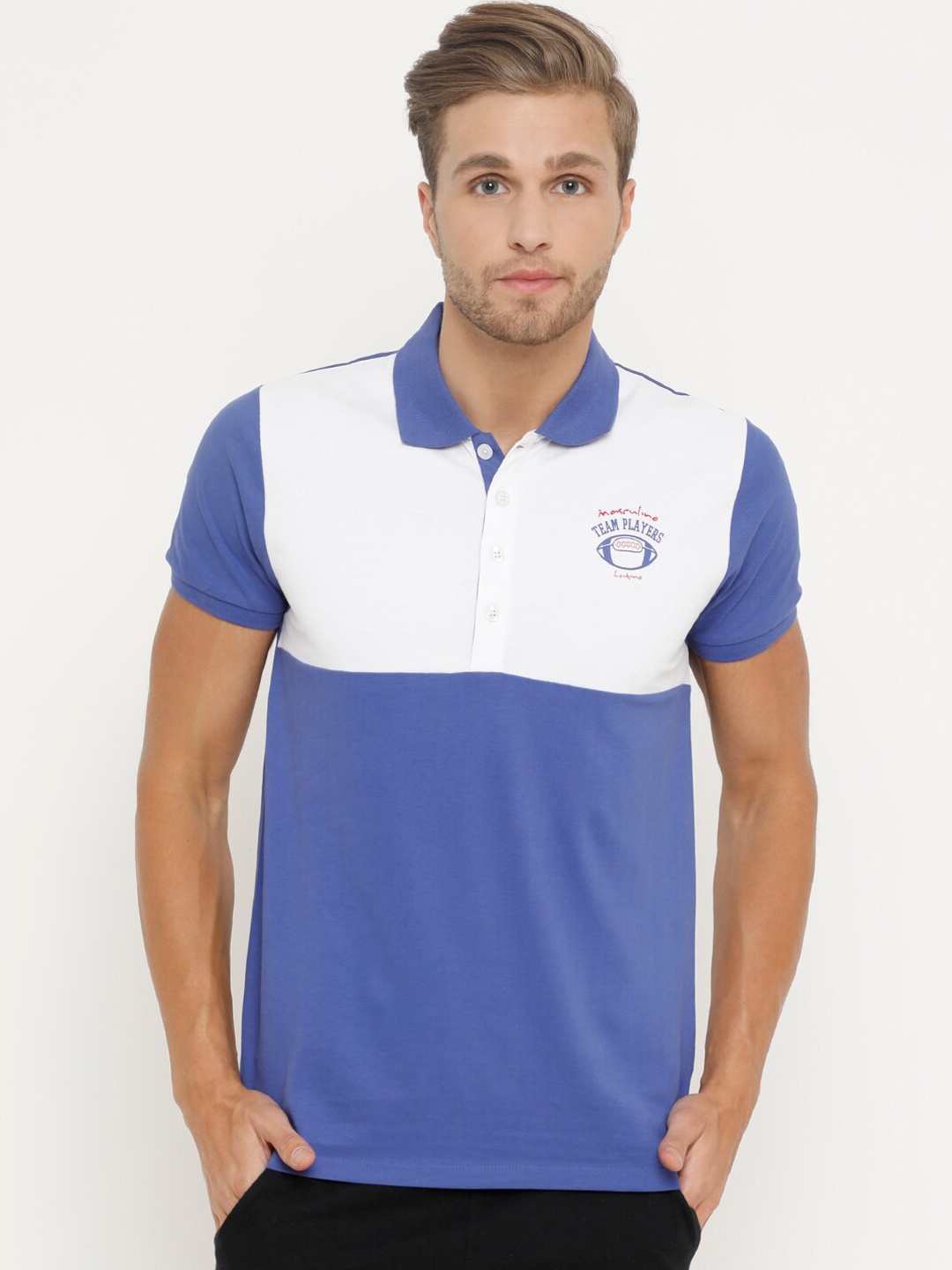 

Masculino Latino Men Blue Colourblocked Polo Collar T-shirt