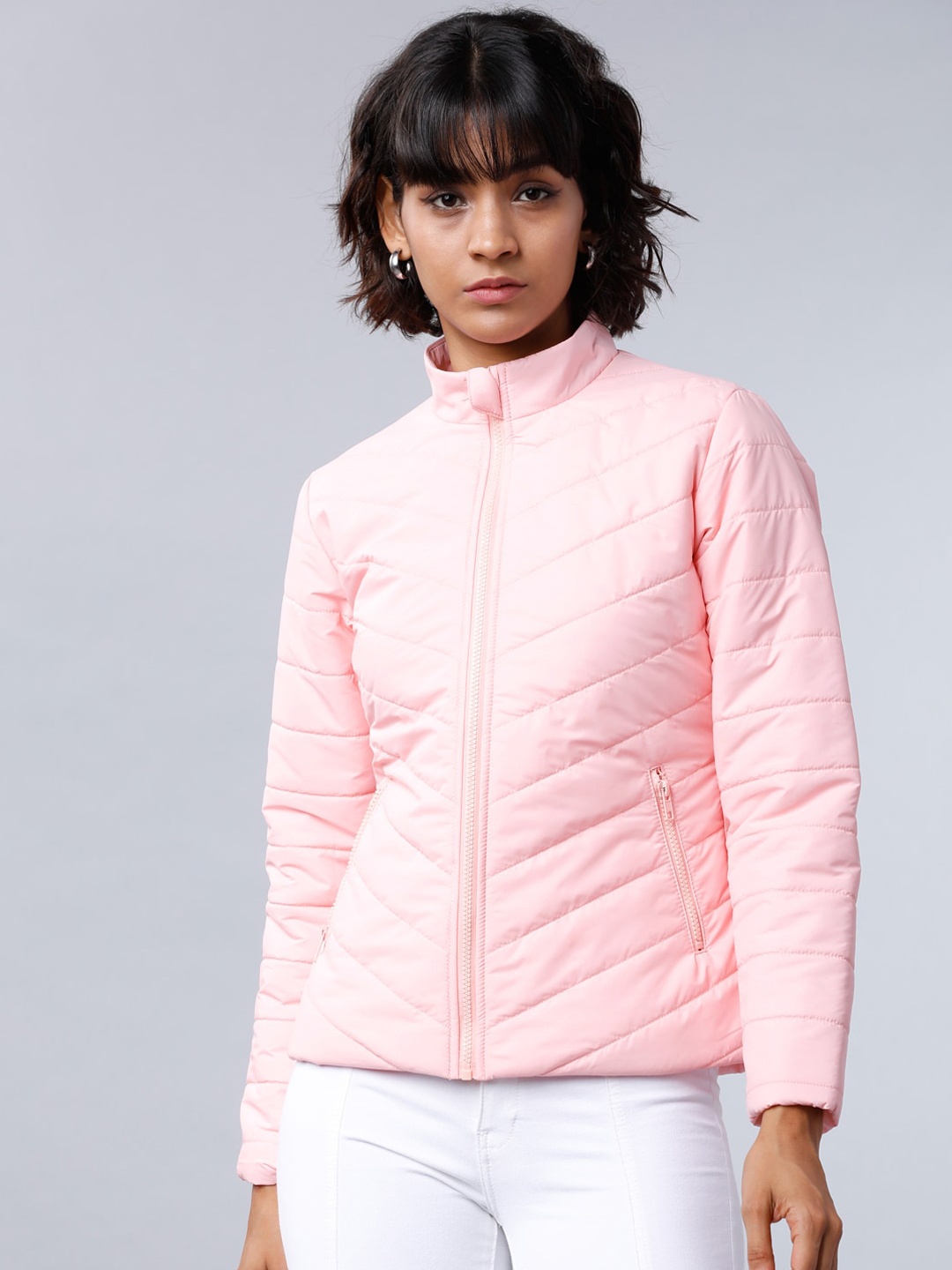 

Tokyo Talkies Women Pink Solid Quilted Jacket