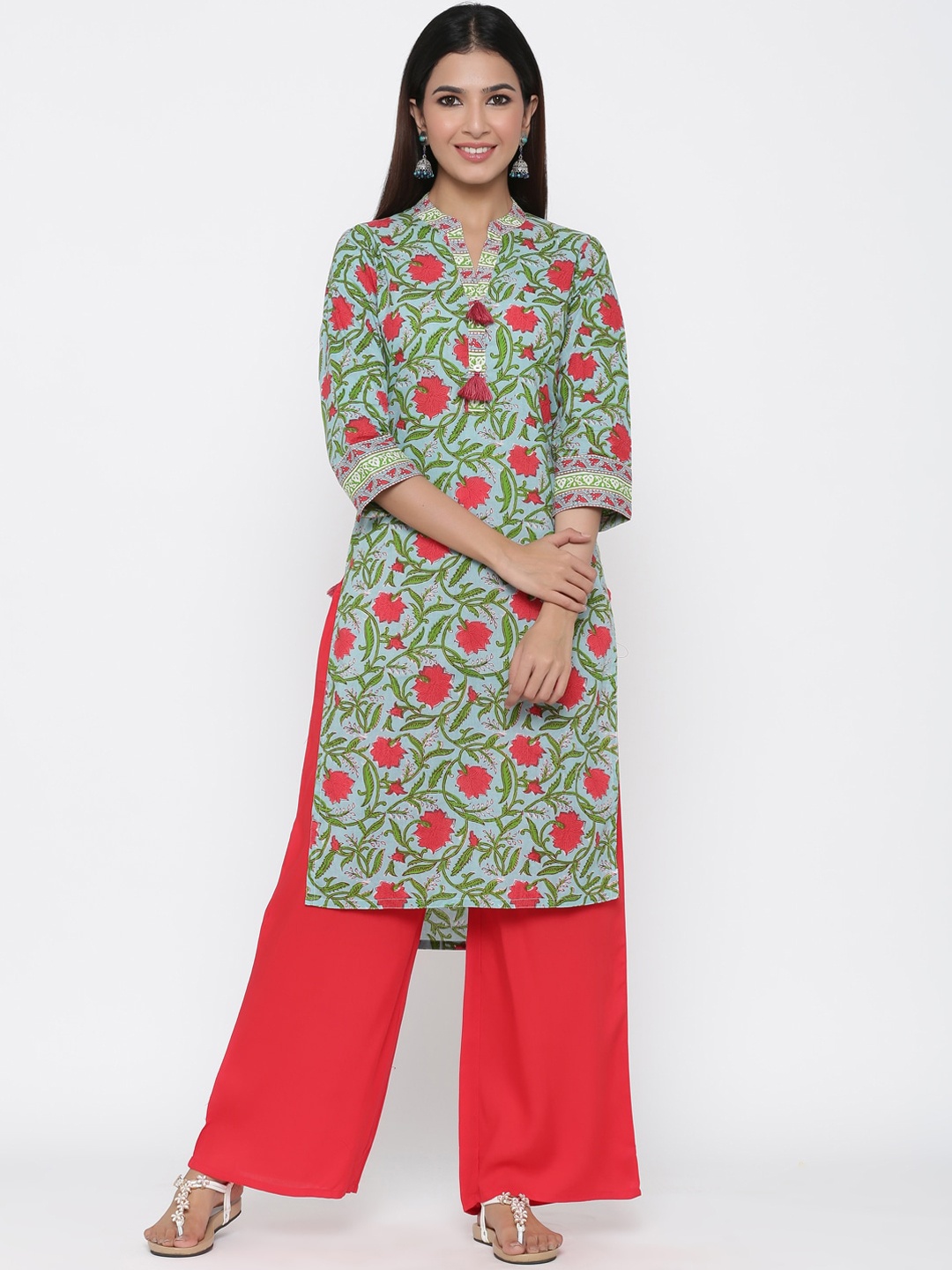 

Jaipur Kurti Women Blue Floral Printed Pure Cotton Kurta with Palazzos