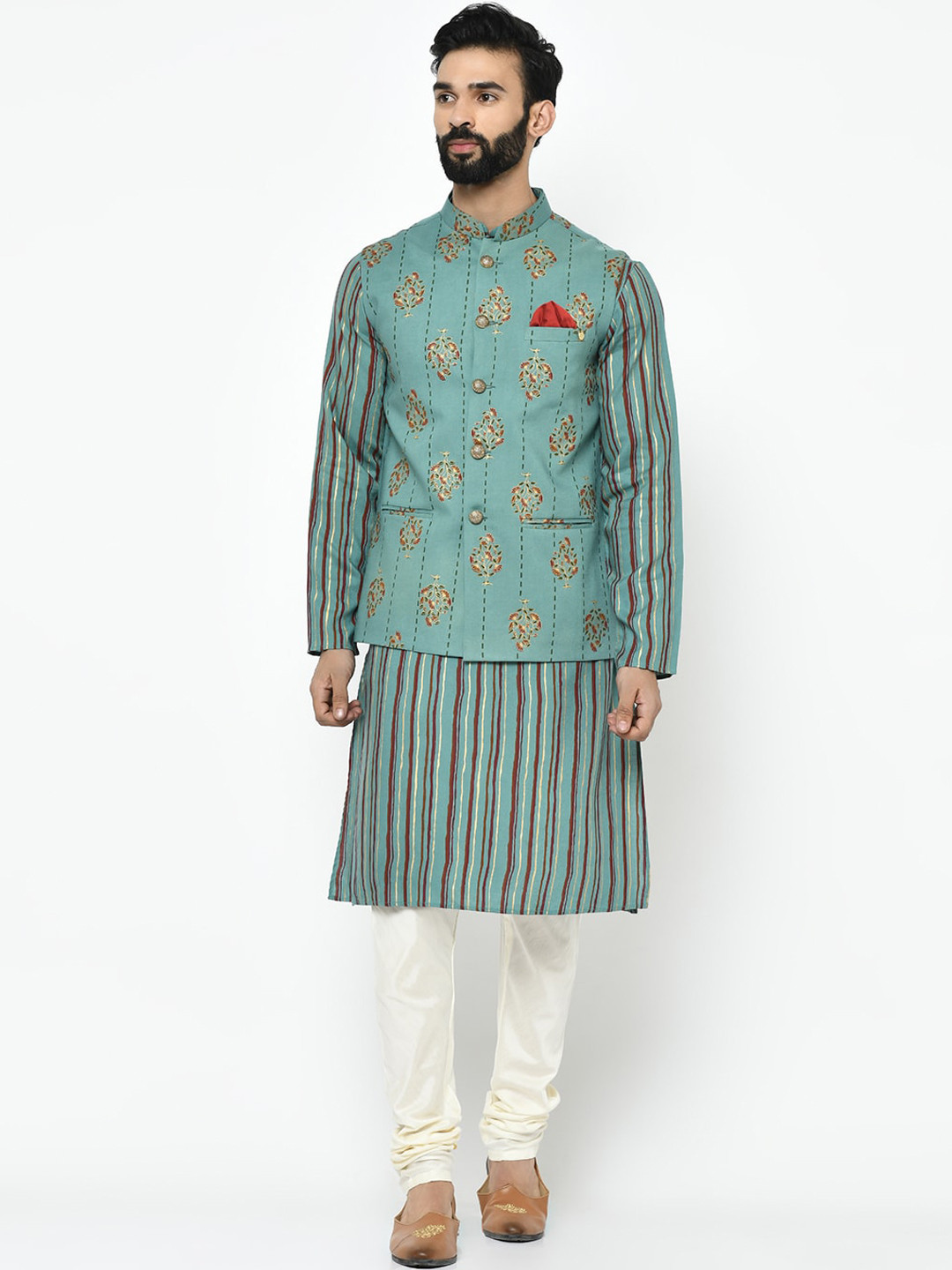 

KISAH Men Green & Off-White Striped Kurta with Churidar