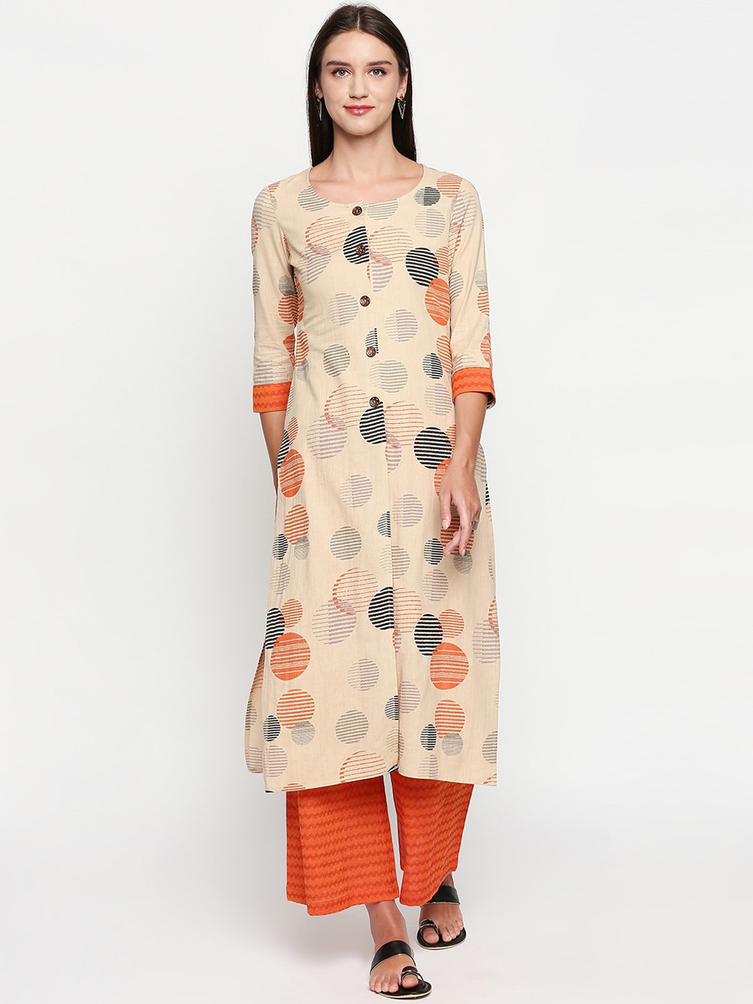 

Lobaanya Women Beige & Orange Printed A-Line Kurta