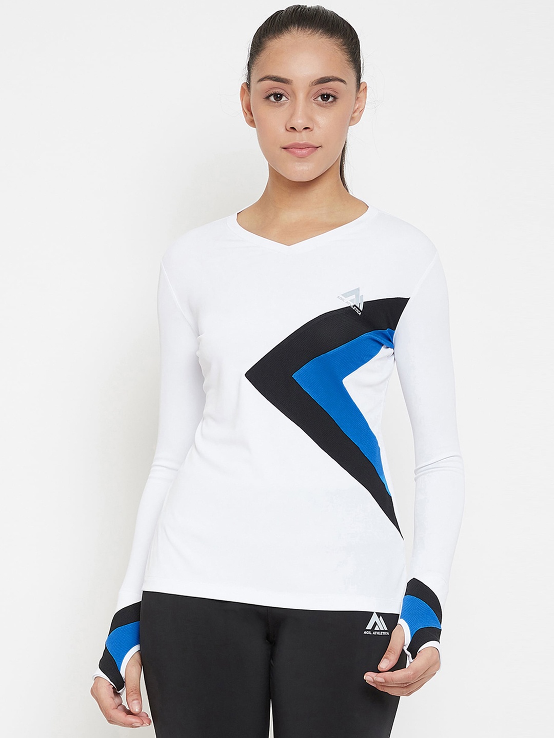 

AGIL ATHLETICA Women White Solid Round Neck T-shirt