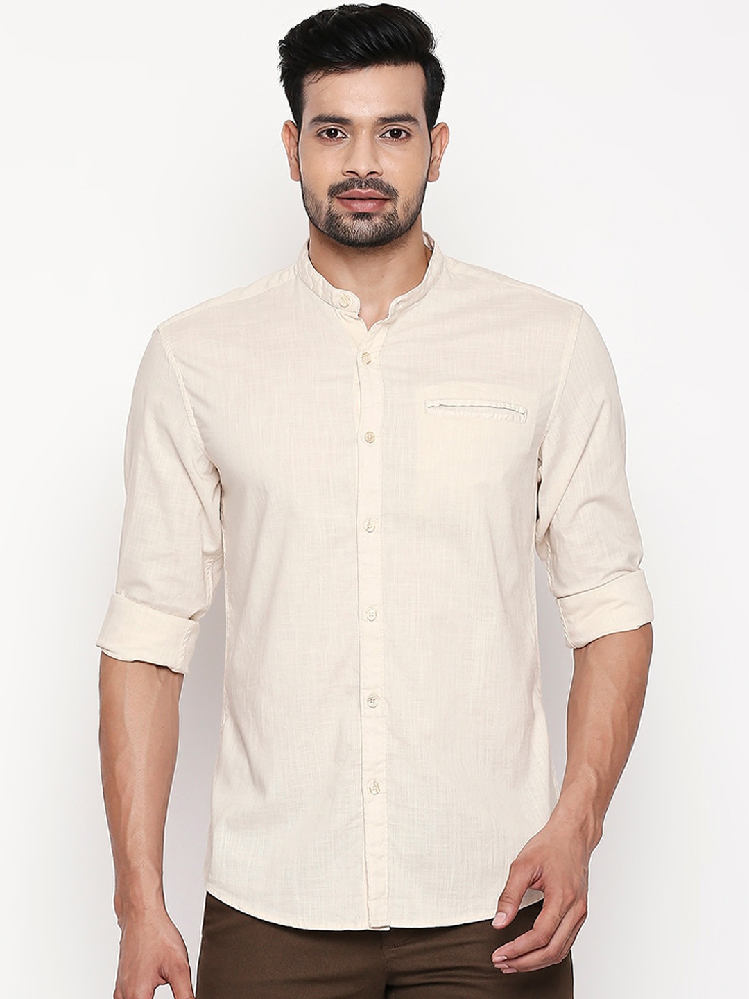 BYFORD by Pantaloons Men Cream-Coloured Slim Fit Solid Casual Shirt