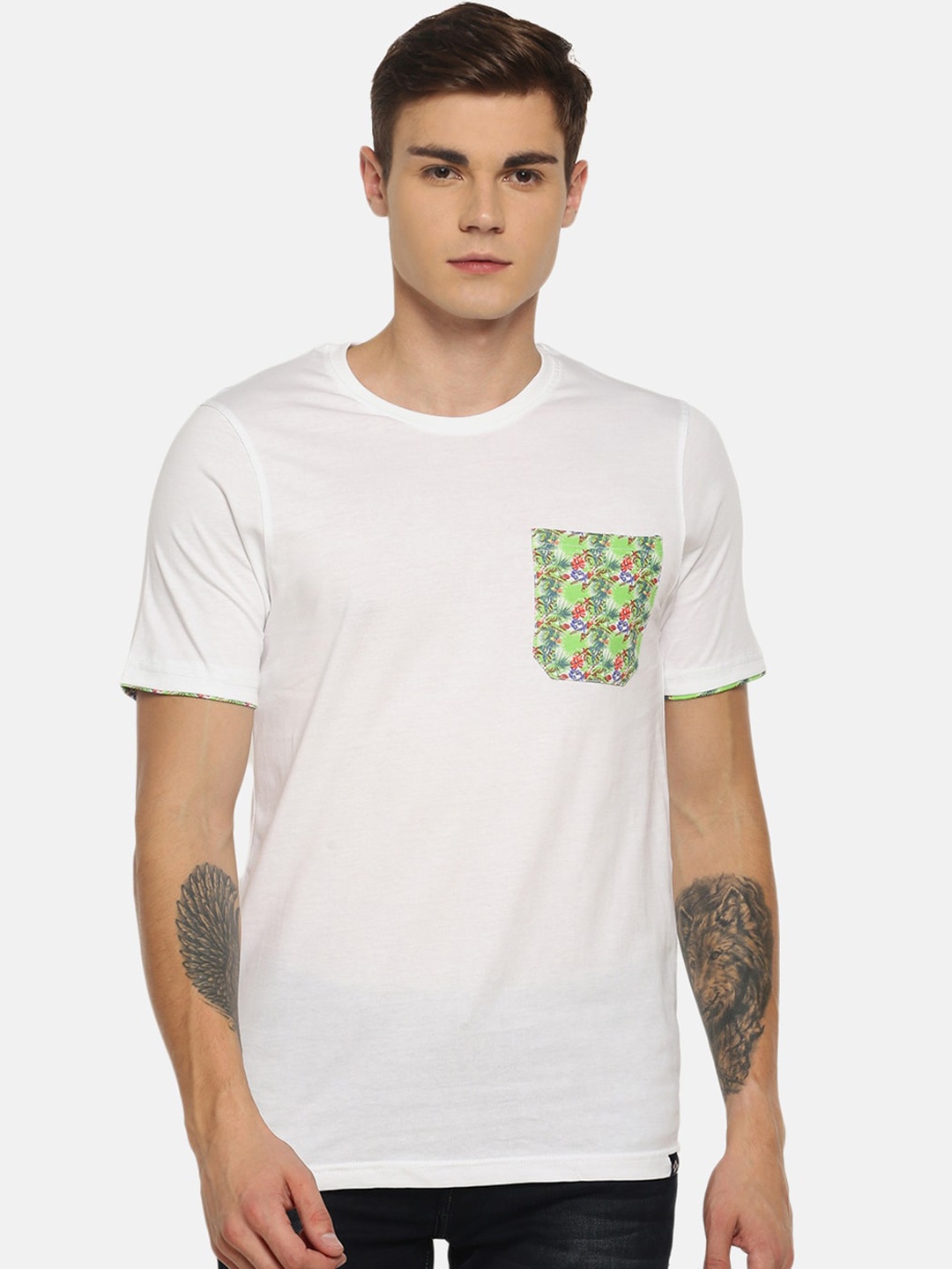 

Dollar Men White & Green Floral Printed Round Neck T-shirt