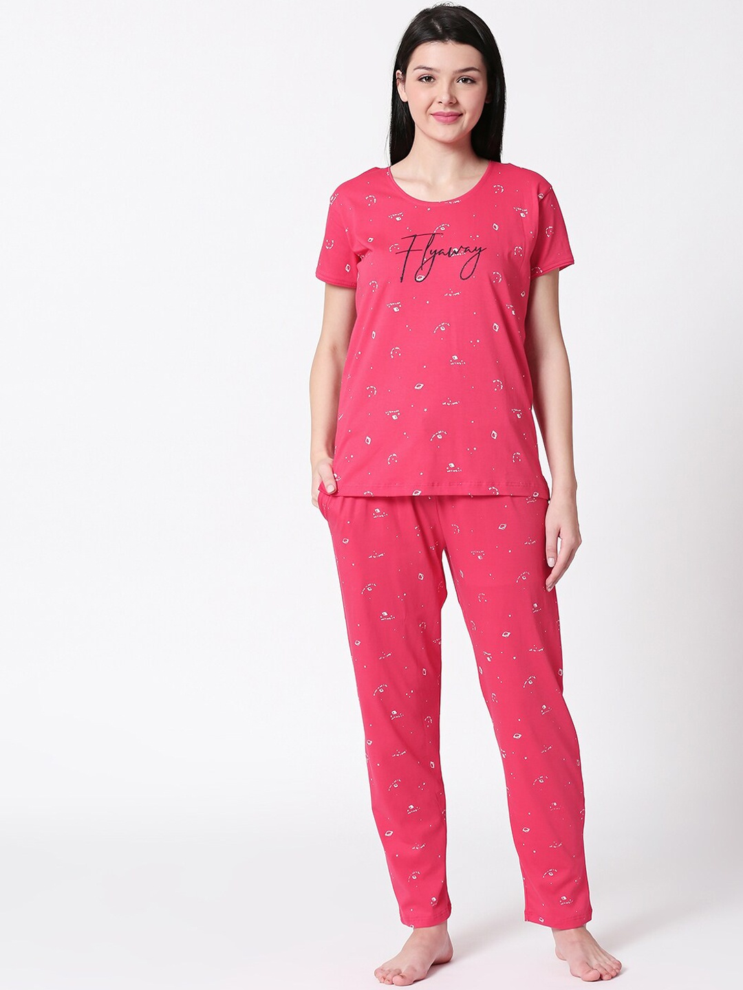 

I like me Women Pink & White Printed Night Suit