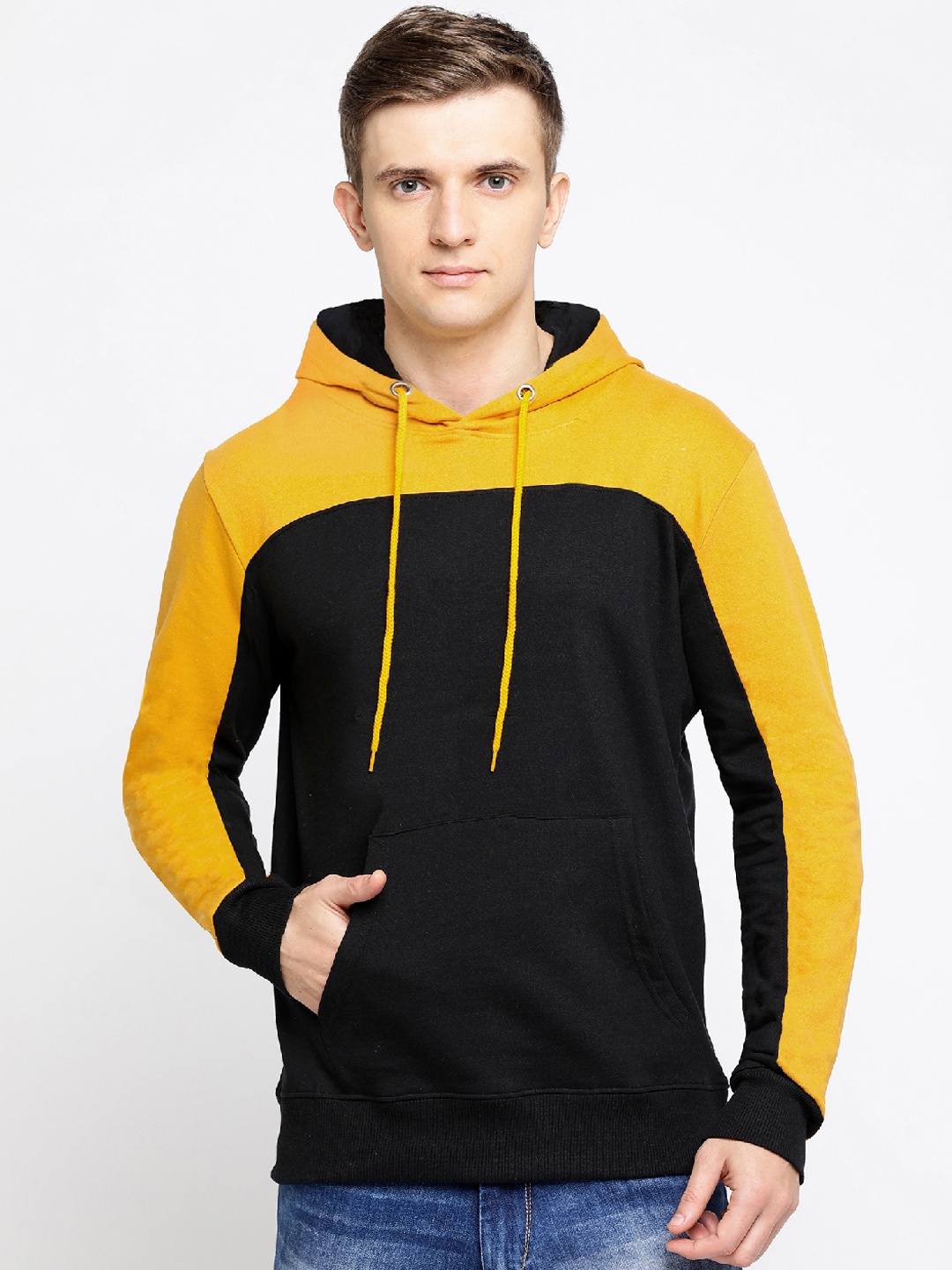 

Maniac Men Black & Yellow Colourblocked Hooded Sweatshirt