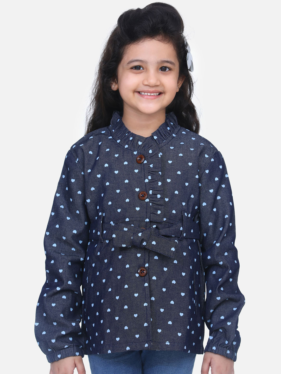 

LilPicks Girls Navy Blue Printed Denim Pea Coat