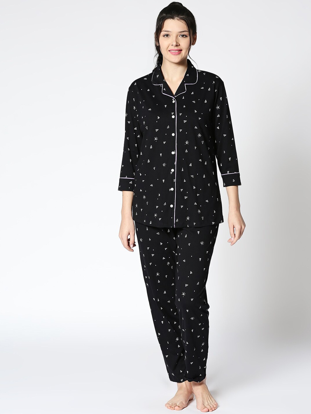 

I like me Women Black & White Printed Night suit