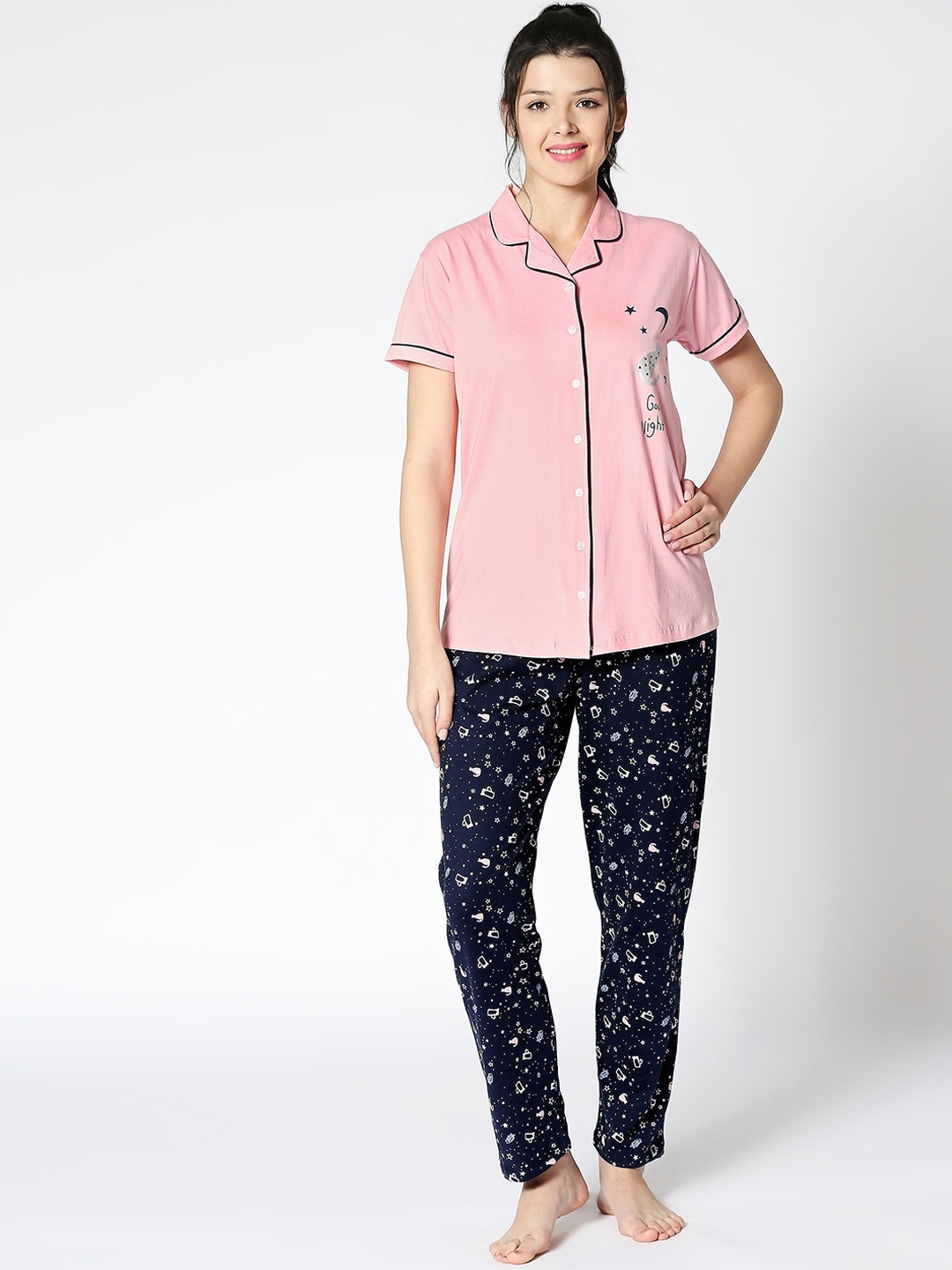 

I like me Women Pink & Navy Blue Printed Night suit