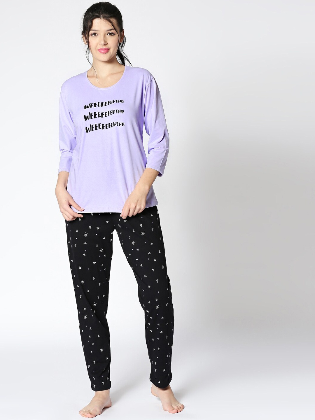 

I like me Women Lavender & Black Printed Night suit