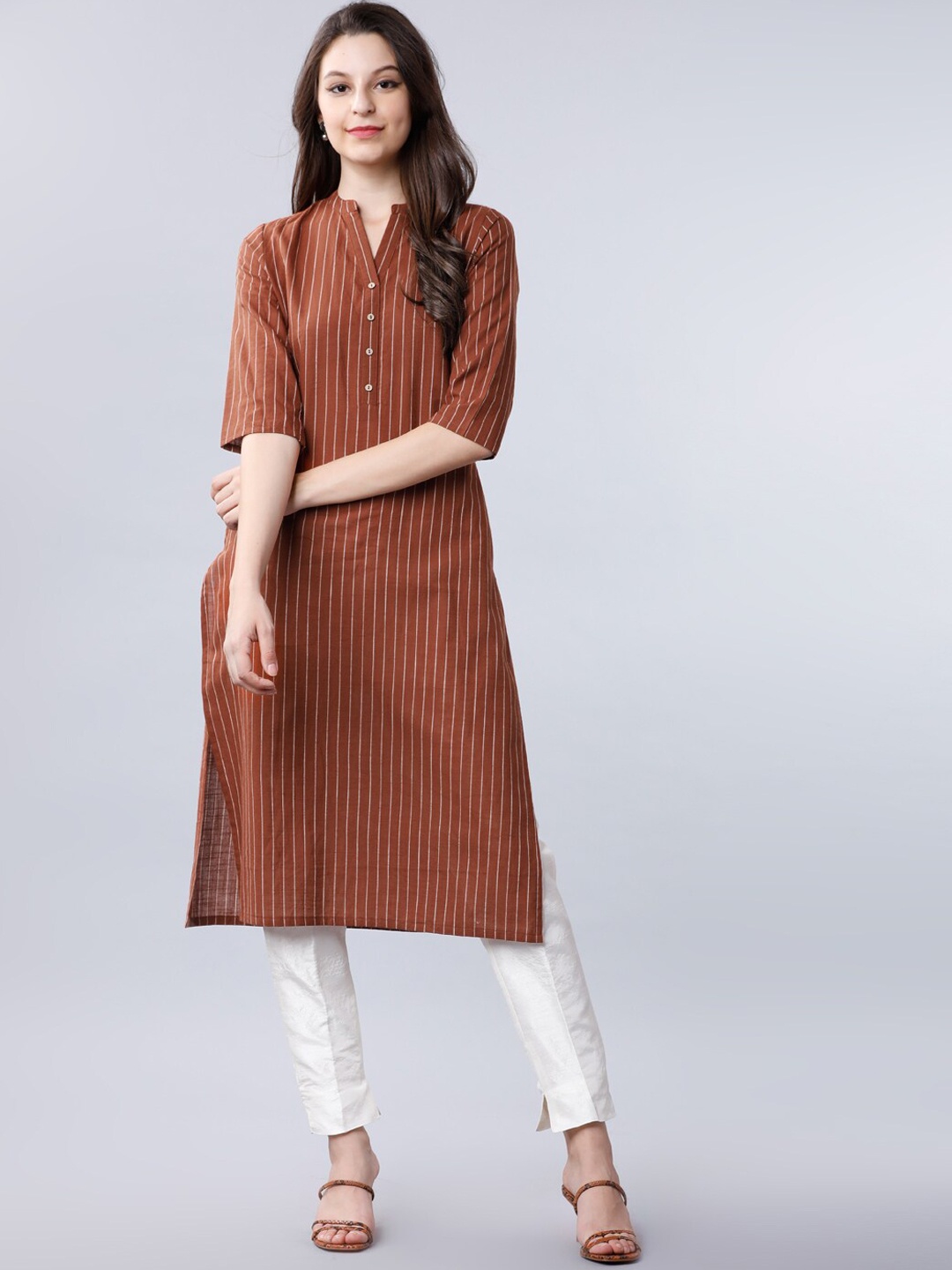 

Vishudh Women Brown & Off-White Striped Straight Kurta