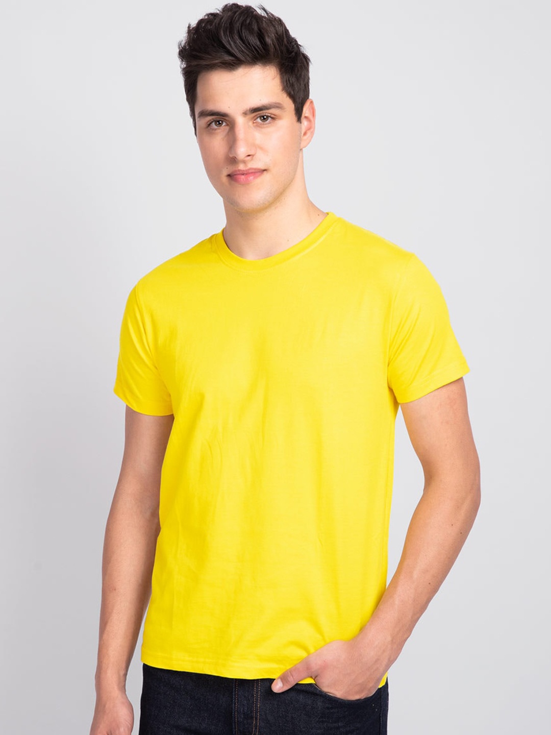 

Bewakoof Men Yellow Solid V-Neck T-shirt