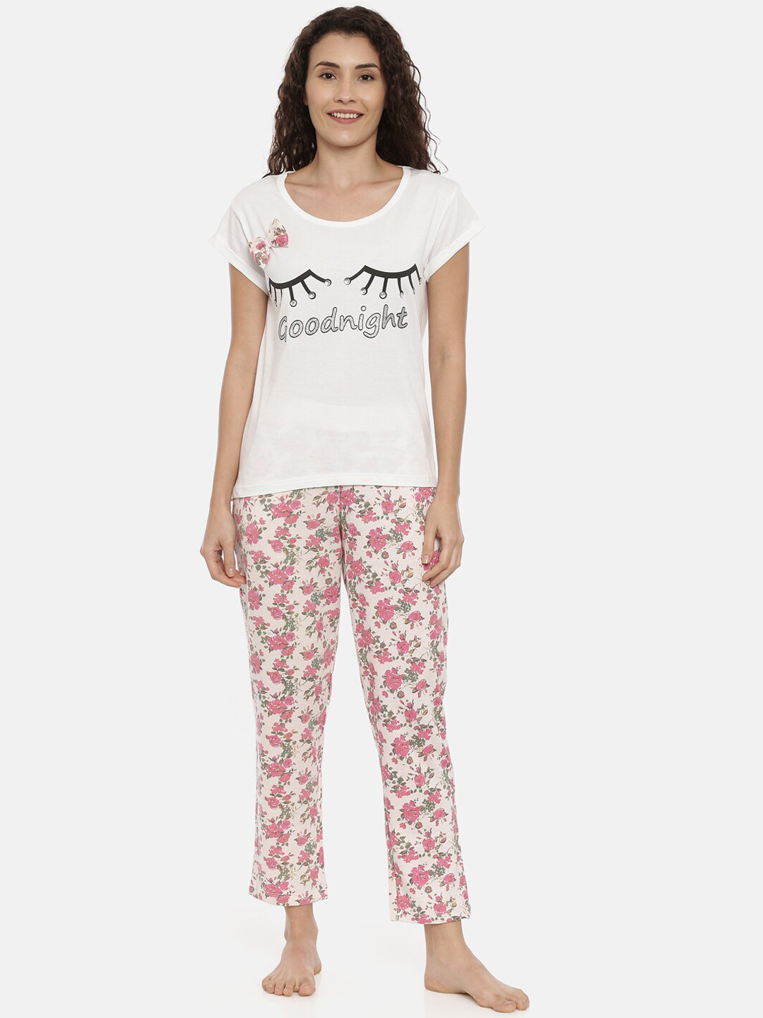 

Snarky Gal Women White & Pink Printed Night suit