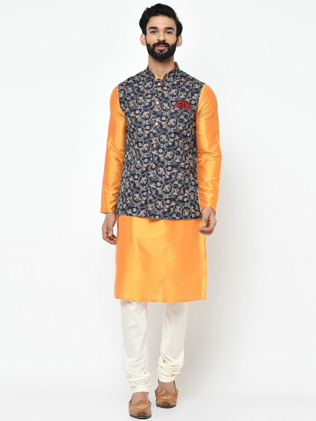 

KISAH Men Mustard Yellow & White Solid Kurta with Churidar & Nehru Jacket