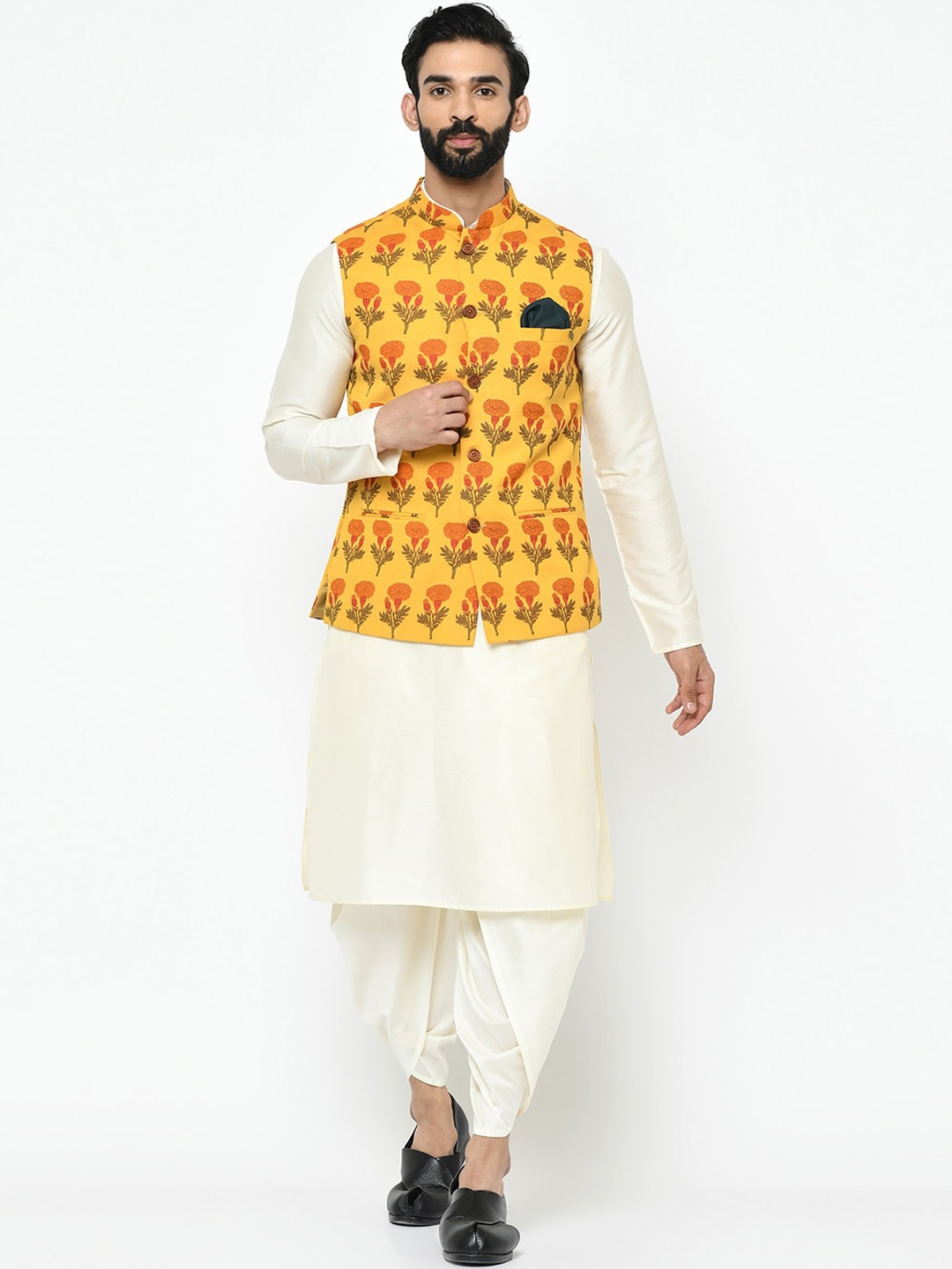 

KISAH Men Yellow & Cream-Coloured Solid Kurta with Dhoti Pants