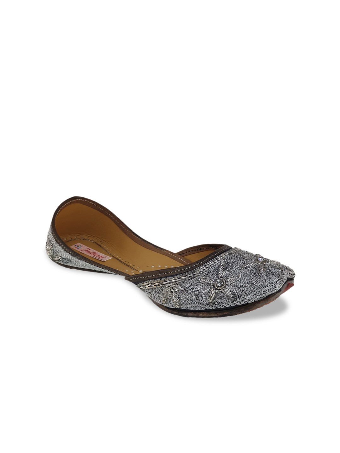 

Fulkari Women Grey Embellished Leather Mojaris