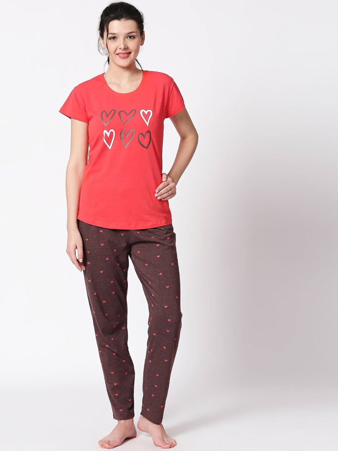 

I like me Women Red & Brown Printed Night Suit