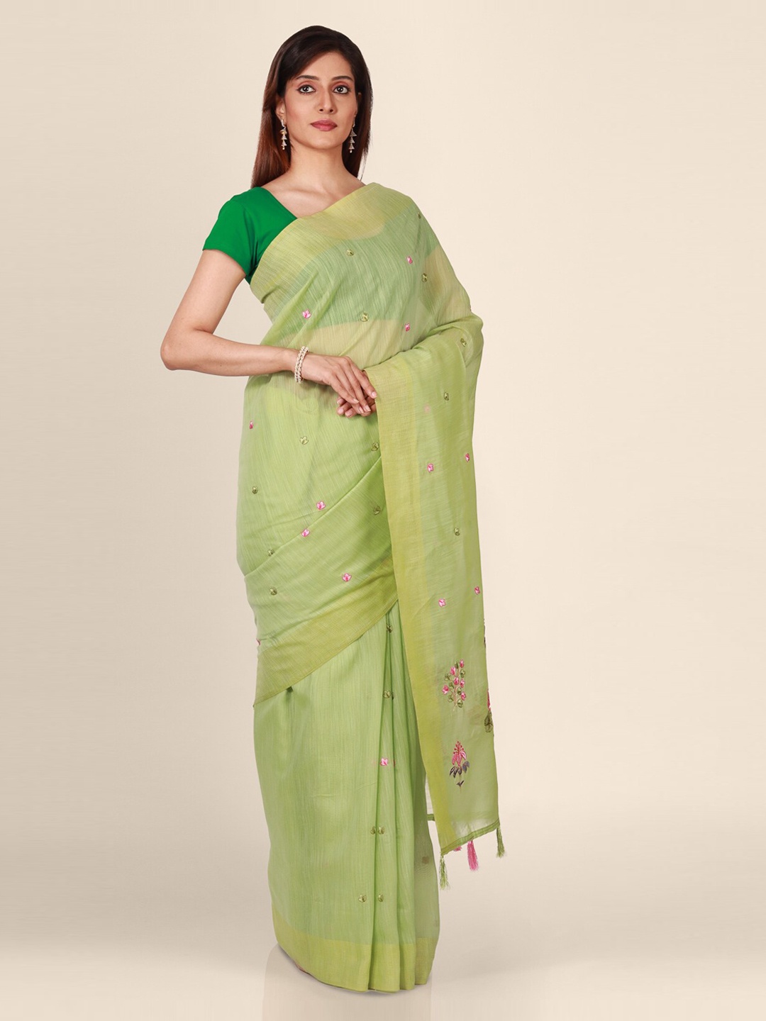 

CLAI WORLD Green & Pink Tissue Embroidered Handloom Saree