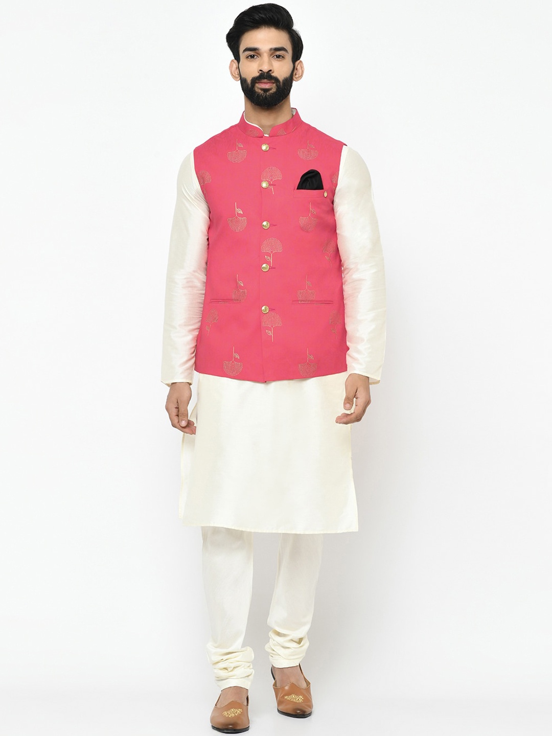 

KISAH Men Off-White & Pink Solid Kurta with Churidar & Nehru Jacket