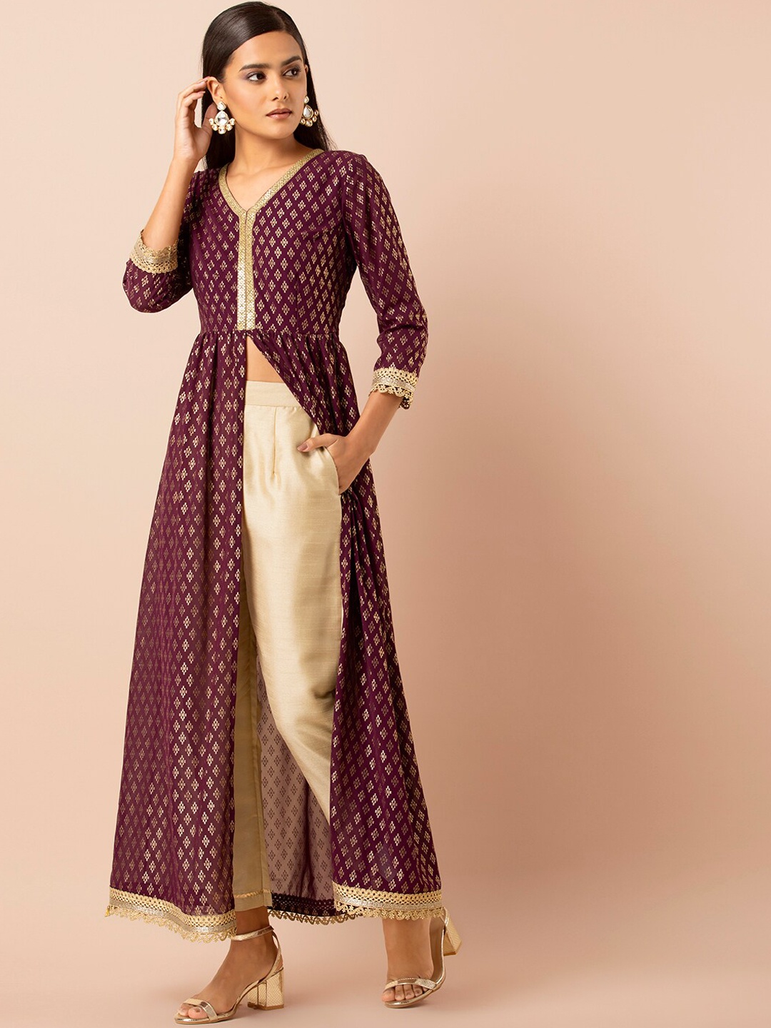 

INDYA Women Purple & Gold-Coloured Foil Printed Straight Kurta