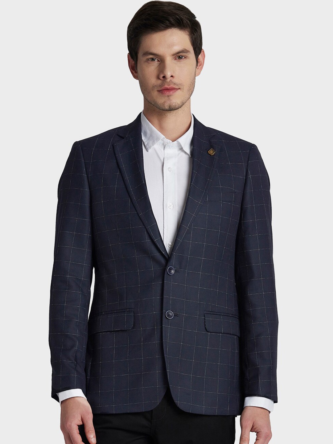 

ColorPlus Men Blue Checked Regular-Fit Single Breasted Blazer, Navy blue