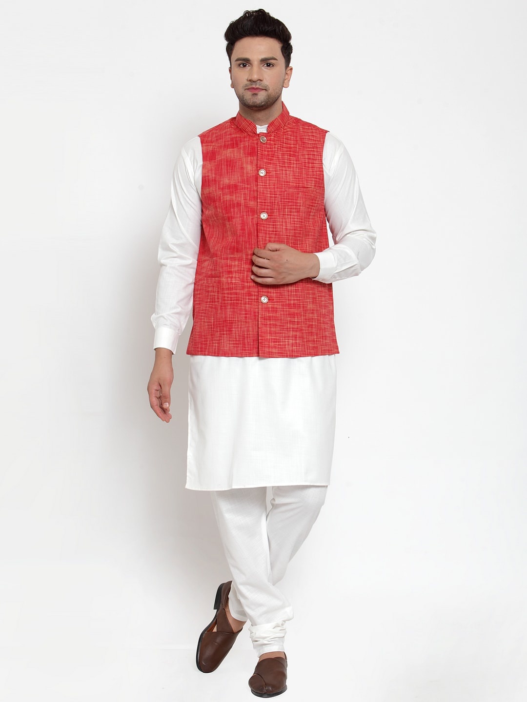 Jompers Men White & Red Solid Kurta with Pyjamas