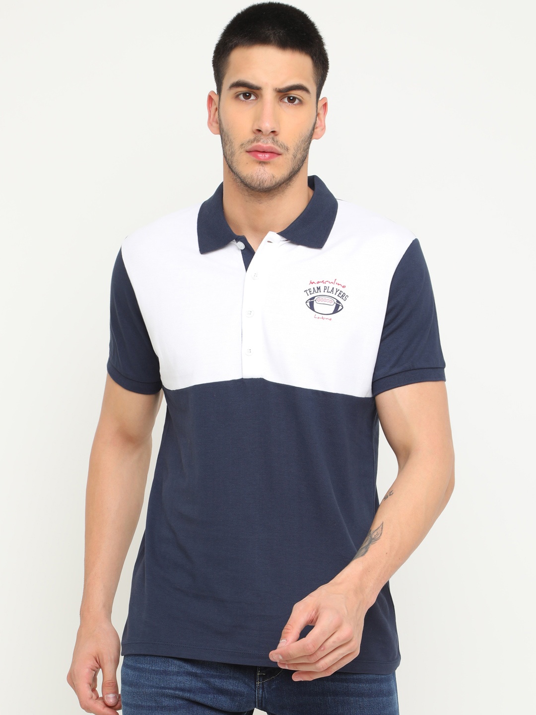 

Masculino Latino Men Navy Blue Colourblocked Polo Collar T-shirt