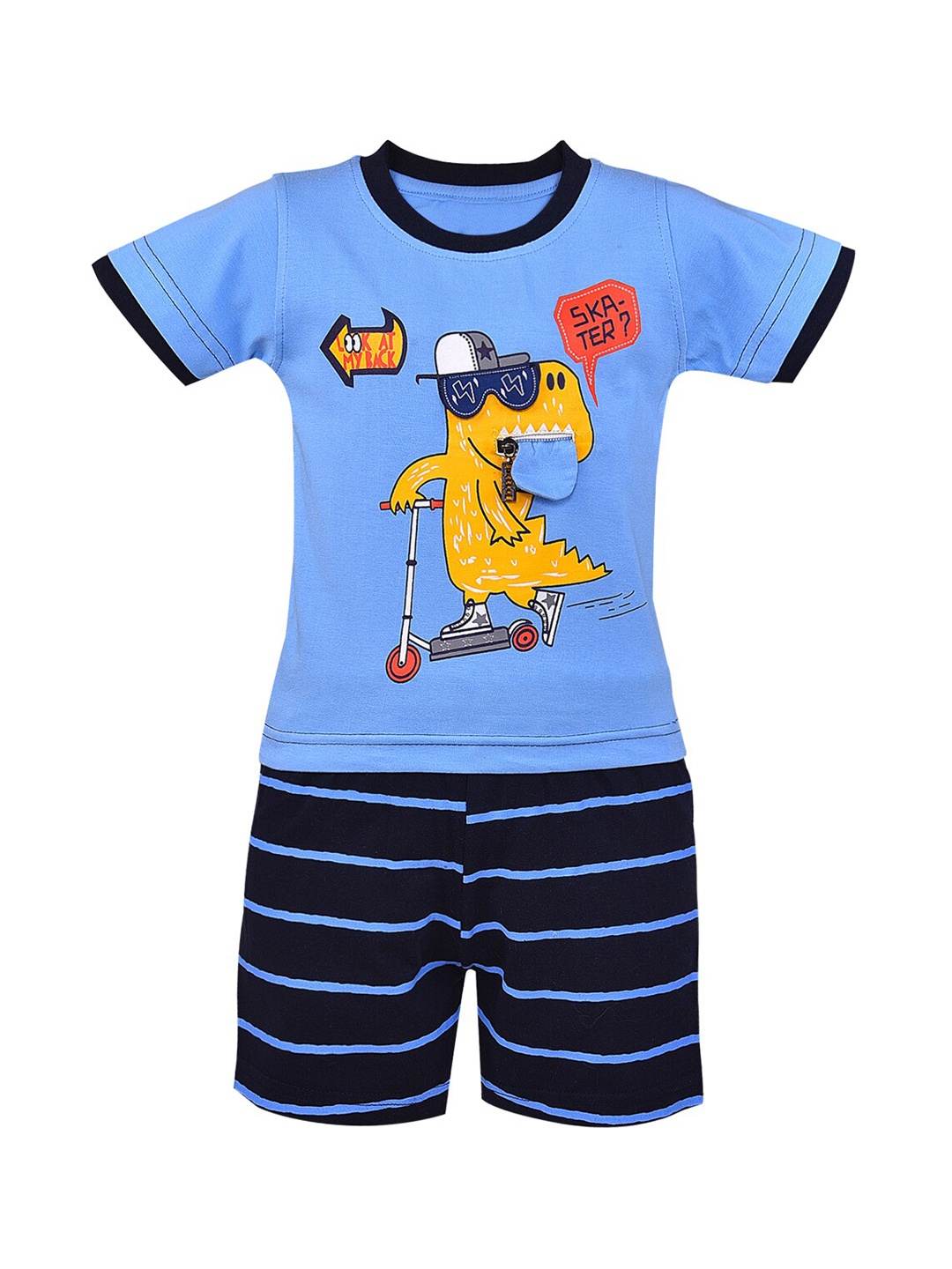 Wish Karo Unisex Kids Blue & Navy Blue Printed T-shirt with Shorts