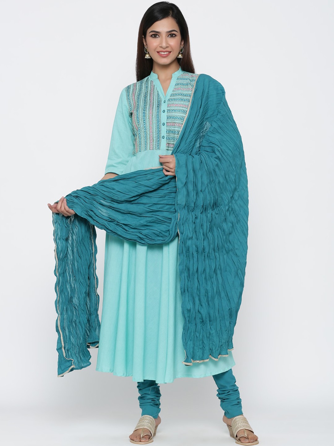 

Jaipur Kurti Women Blue Embroidered Kurta with Churidar & Dupatta, Turquoise blue
