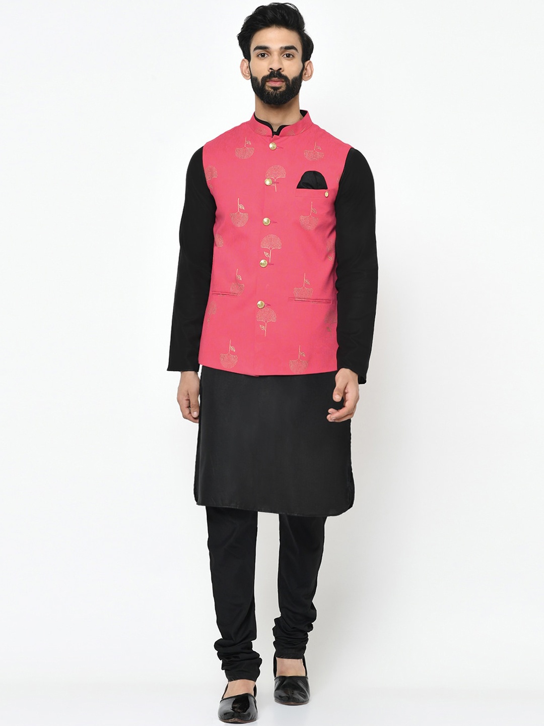 KISAH Men Black Solid Kurta with Churidar & Nehru Jacket